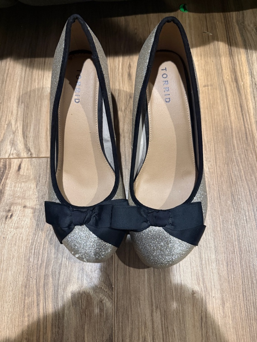 torrid Gold Glitter block heels with Black Bow Trim